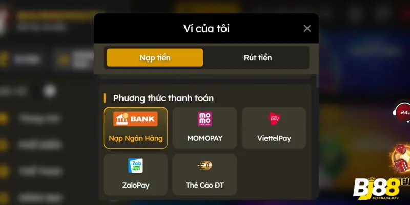 BJ88 cung cấp đa dạng hình thức gửi tiền như ngân hàng, thẻ cào và ví điện tử